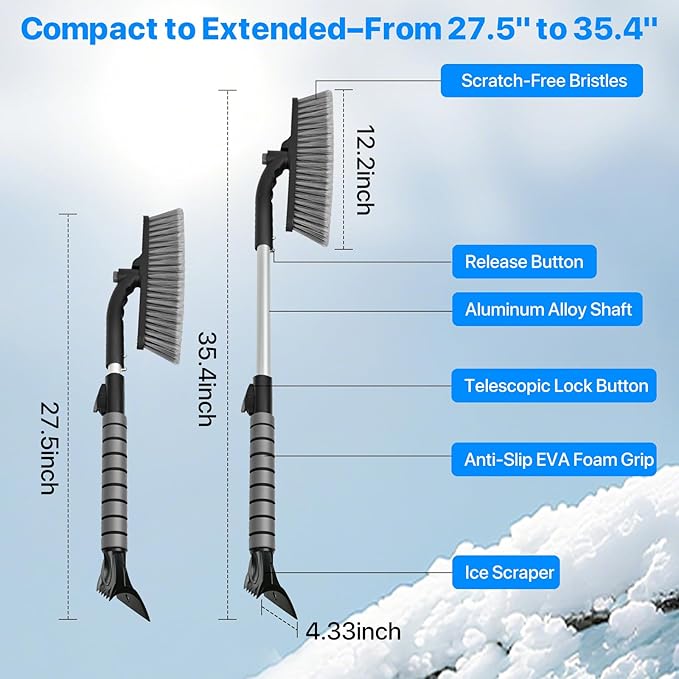 35.4" Ice Scrapers for Car Windshield, Extendable Snow Brush for Car with Foam Grip, Snow Scraper for SUV Truck - Gray