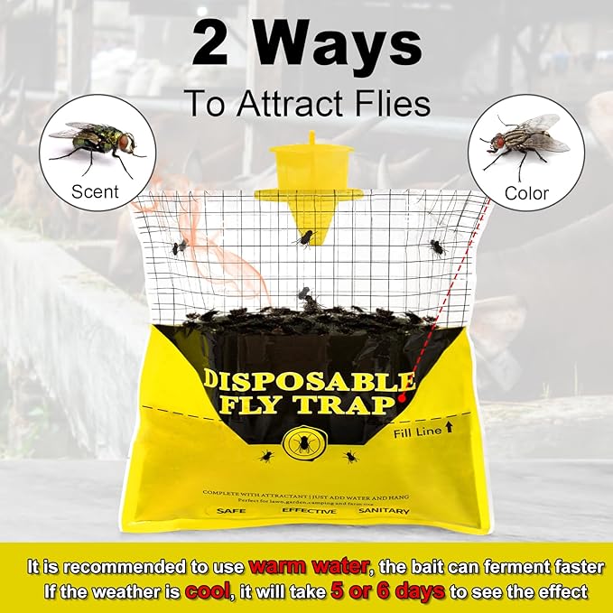 Glovv 10 Pack Disposable Fly Trap Bags Outdoor Hanging, Catcher Hunter with Bait, Stable Horse Ranch Control Repellent Killer for Barn, Farm, Mosquito, Bugs