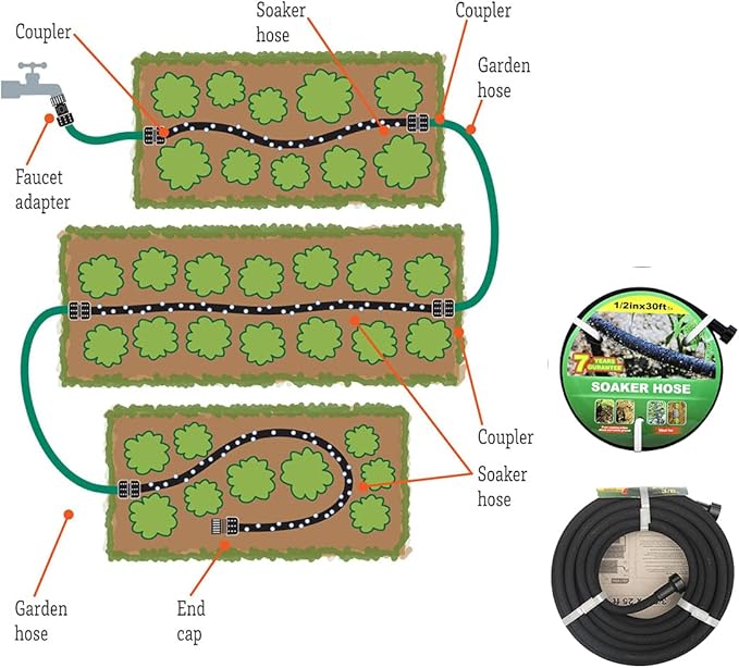 Taisia 1/2’’ Soaker Hose 30 FT Water Drip Garden Hose Drip Irrigation Hose Saves 70％Water Heavy Duty Rubber Round Soaker Hose for Garden, Lawn