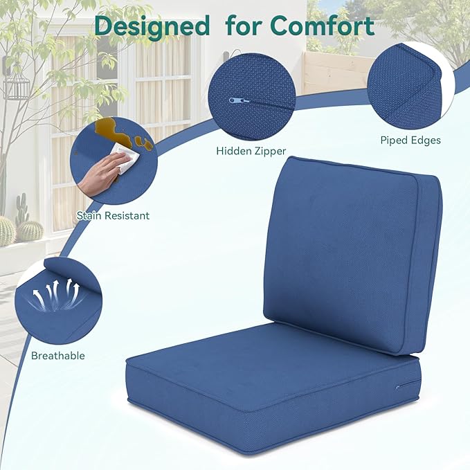 Outdoor Chair Cushions 23" x 24" x 4", Patio Deep Seat Replacement Cushions Set with Zippered Removable Cover, Weather-Resistant Olefin Fabric for Garden Chair Sofa Couch, Set of 6, Blue