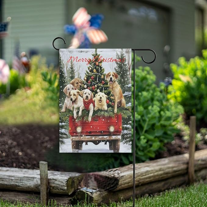 Merry Christmas Welcome Garden Flag 12x18 Inch Winter Dog Xmas Yard Flags Large Vertical Double Sided Red Truck New Year House Flag Seasonal Outside Decor for Yard Farmhouse