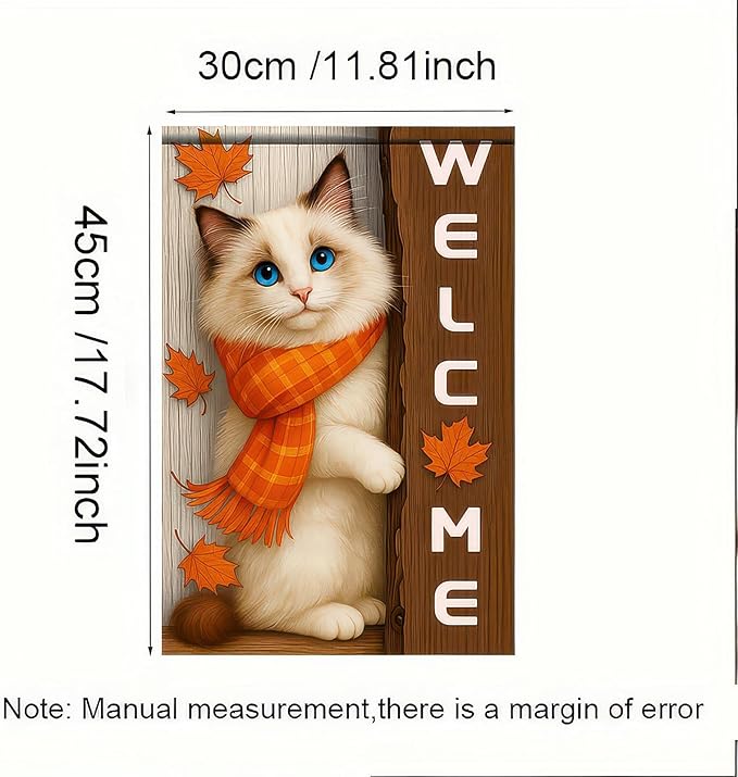 Thanksgiving Fall Garden Flag 12x18 Inch Welcome Blue Eyed Cat Outdoor Flag Double Sided Autumn Kitten Yard Banner with Orange Scarf Pet Decor for Porch Lawn Patio