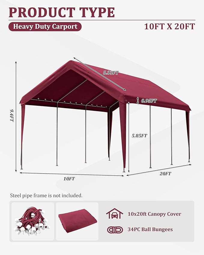 10 X 20 Ft Canopy Replacement Cover Heavy Duty Waterproof UV & Tear Resistant Car Tarp Canopy Tent Garage Top Shelter Oxford Cover with Ball Bungees (Frame is Not Included)