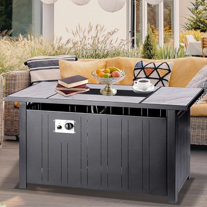 47" Propane Fire Pit Table with Real Ceramic Tabletop, 50000 BTU Gas Firepit Table with Lid & Glass Rock, Outdoor Fire Pit for Dining or Party, Firepit for Outside, Patio