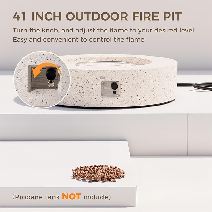 SUNBURY Outdoor 42inch Propane Fire Pit Table, 50,000 BTU Spotted White Patio Fire Table, Concrete Round Gas Fire Table w Lava Rocks (Tank Outside)