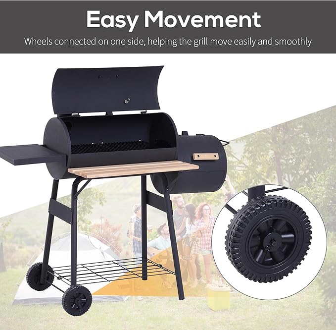 48" Steel Portable Backyard Charcoal BBQ Grill and Offset Smoker Combo with Wheels.