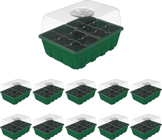 Gardzen 10-Set Garden Propagator Set, Clear Seed Tray Kits with 120-Cell, Seed Starter Trays with Dome and Green Base 6.6" x 4.5" (12-Cell Per Tray)