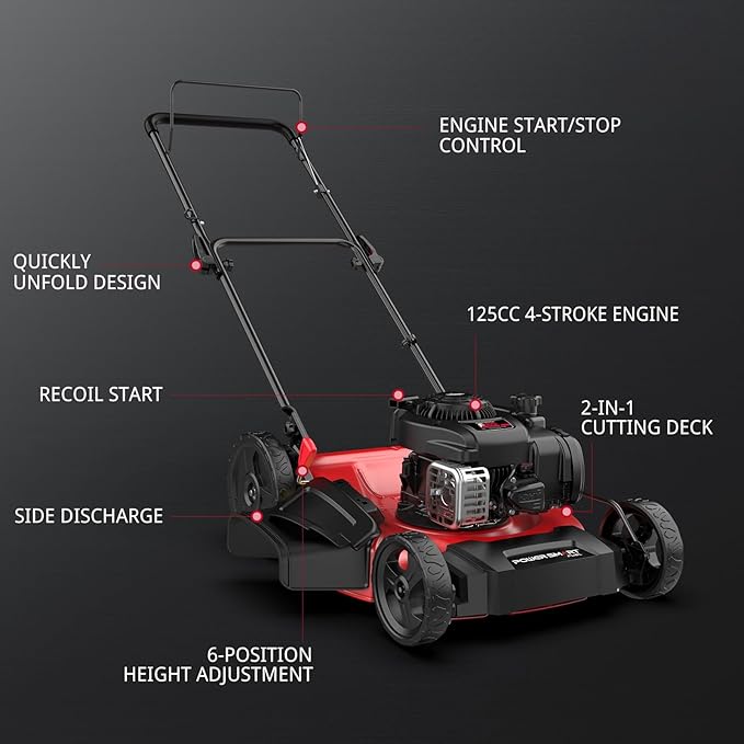 PowerSmart 21-Inch Gas Push Lawn Mower with 125cc Briggs and Stratton Engine, 2-in-1 Mulching Lawn Mower with Side-Discharge, 6-Positions Adjustable Cutting Height (B8721C)