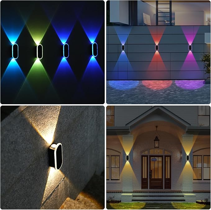 Solar Fence Lights-RGB&Warm White, Waterproof LED Solar Lights Outdoor 8 Colors,2 Lens Up and Down for Outdoor/Fence Pack of 2
