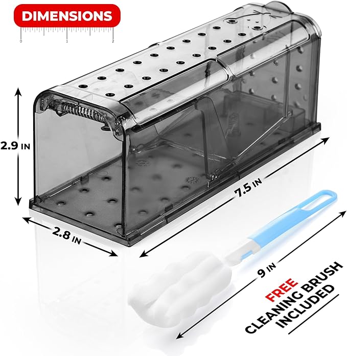 Humane Mouse Trap Pack of 4 - No Kill - Live Mouse Traps Indoor for Home Use - Reusable Rodent Traps for House Indoor, Safe & Effective Rat Trap Outdoor - Humane Mice Control with Cleaning Brush