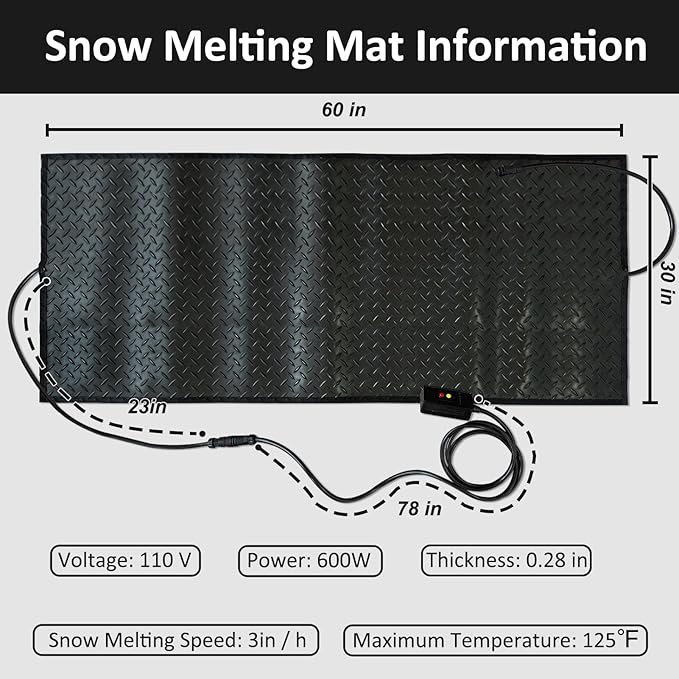 Snow Melting Mats for Stairs, Heated Outdoor Mats, Electric Snow Melting Mats for Winter Snow Removal, Snow and Ice Melting Mats, No-Slip Stair Heating Mats with Power Cord and Timing (30" x 60")