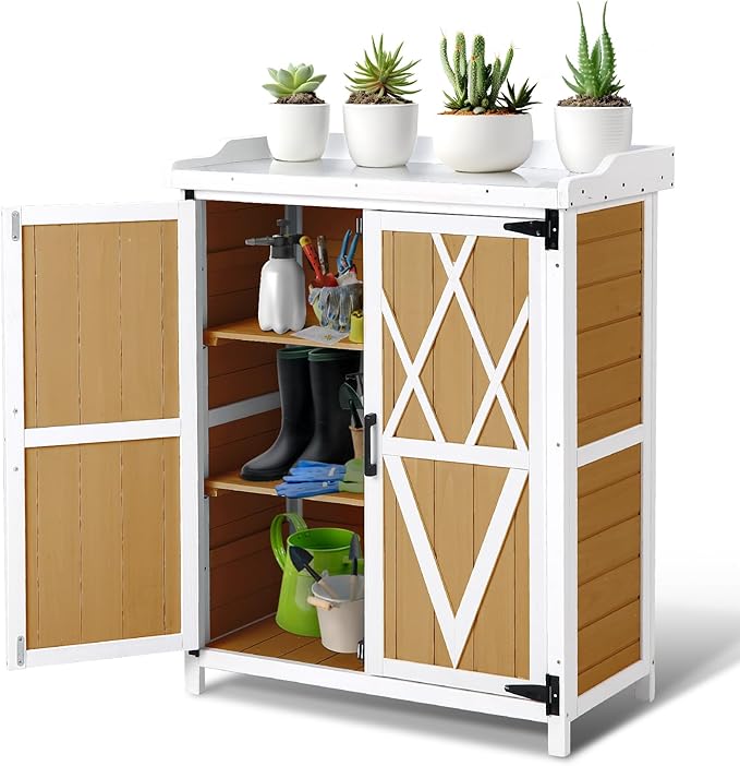 Potting Bench Outdoor Cabinet with Metal Tabletop, Wooden Storage Cabinets Weatherproof for Outside, Planting Work Benches with Adjustable Shelf, Doors for Garden Patio Lawn