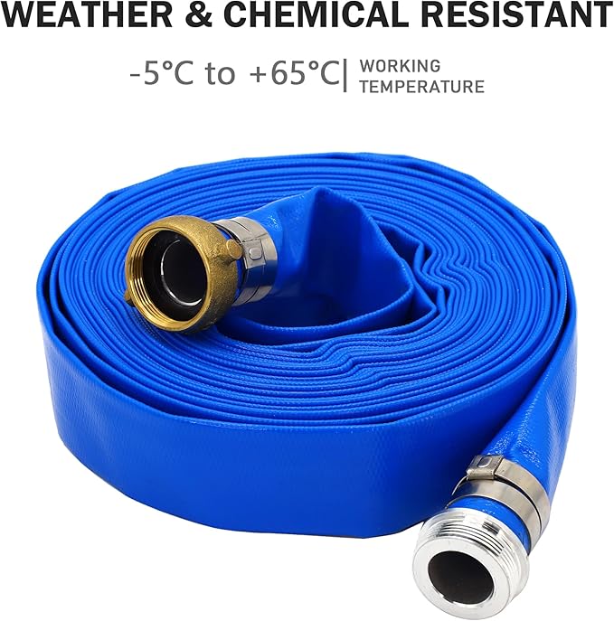 DAVCO 1" ID x 50 ft Pool Backwash Hose, Heavy Duty Reinforced Blue PVC Lay Flat Water Discharge Pump Hoses For Swimming Drain Pools and Clean Filters, With Aluminum Pin Lug Fittings