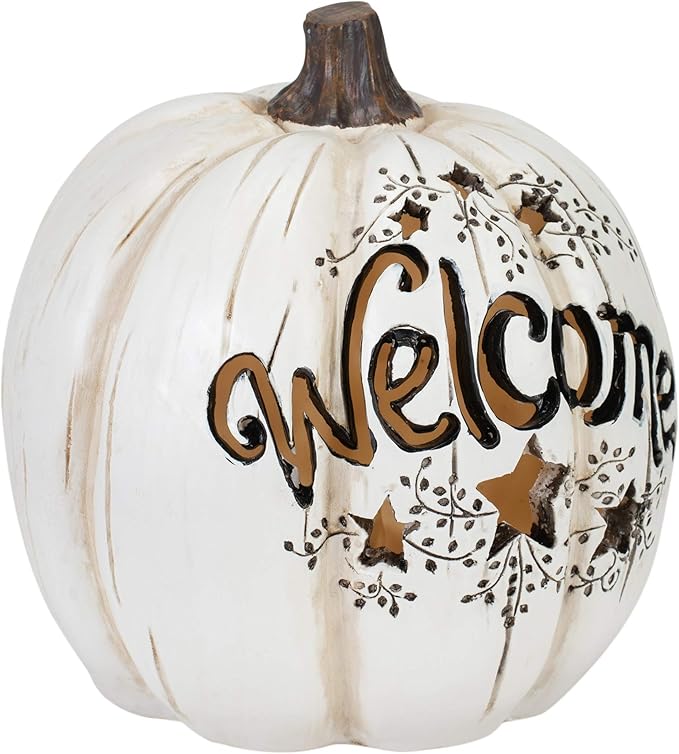 Mark Feldstein & Associates Welcome LED Pumpkin White 7 x 7 Resin Stone Halloween Collectible Figurine