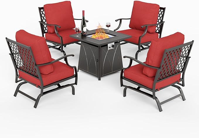 5 Piece Metal Outdoor Patio Furniture Set with Fire Pit Table, Patio Conversation Sets 4 Rocking Chairs with 5.75" Thick Cushion and 5000 BTU Fire Pit Table, Backyard Furniture, Red