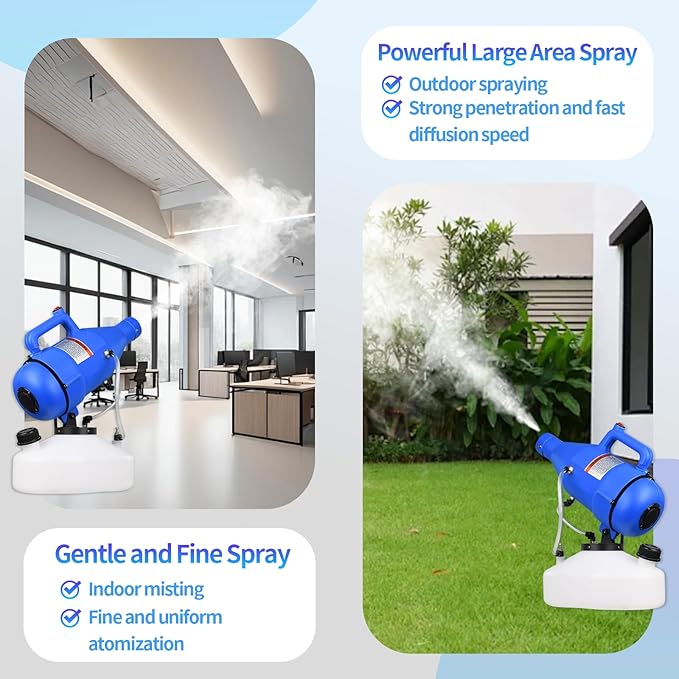 Portable ULV Fogger Machine with 4.5L Tank, Adjustable Spray Volume, 30ft Range, 16.4ft Cord, Cold Mist Disinfectant Sprayer, Lightweight Handheld for Hotel, School, Church, Yard
