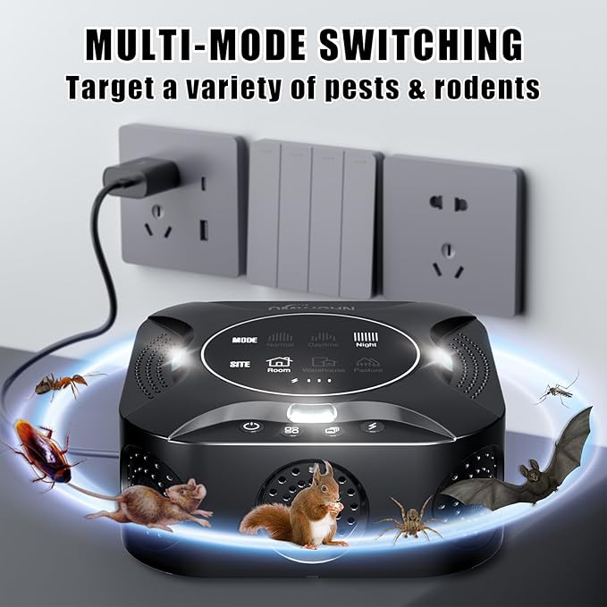 LED Display-Ultrasonic Pest Repeller Indoor,Multi-Mode Variable Frequency,with LED Strobe Light,Squirrel Repellent for House,Prevent Adaptation.Suitable for Houses,attics,garages,etc.