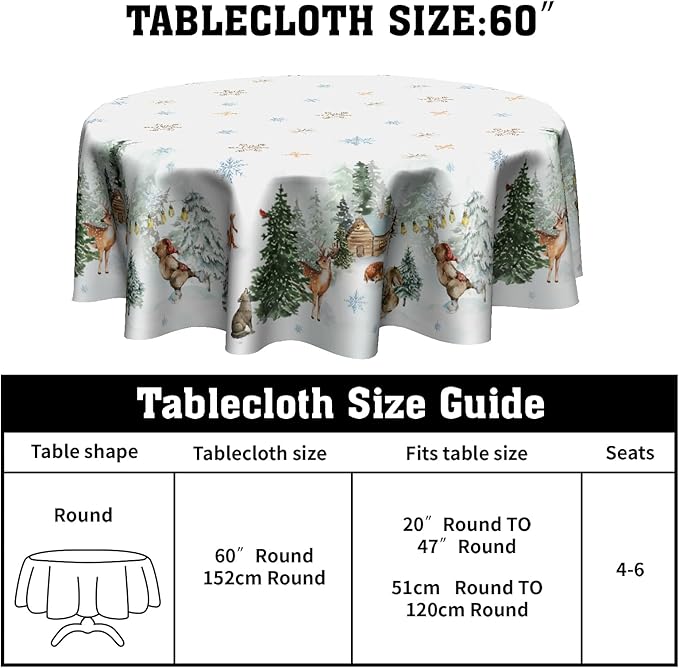 Giwawa Winter Christmas Round Tablecloth 60 Inch,Xmas Snowland Forest Deer Pine Tree Reusable Washable Fabric Tabletop Cover for Holiday Party Wedding Picnic Home Outdoor Decor