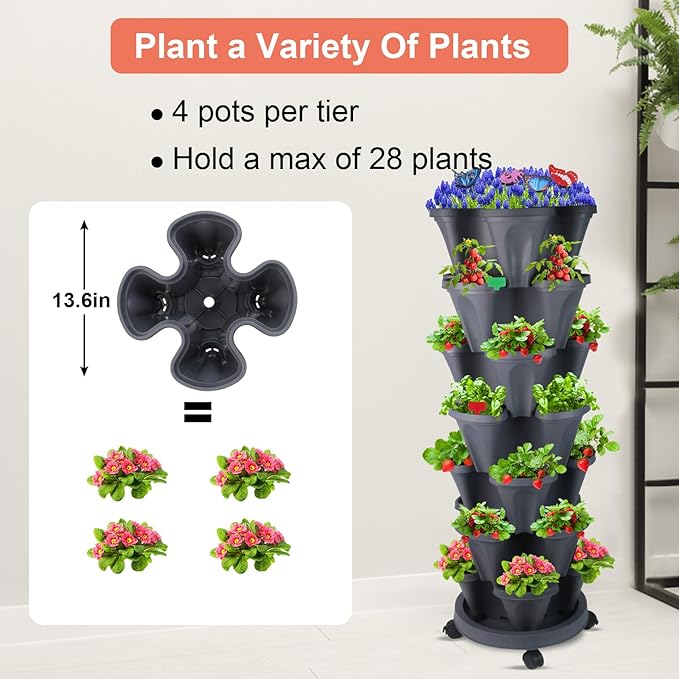 Vertical Planter, 7 Tier Stackable Strawberry Planter with Garden Tool Set, Movable Indoor/Outdoor Garden Herb Pot for Growing Vegetables and Succulents, Dark Gray