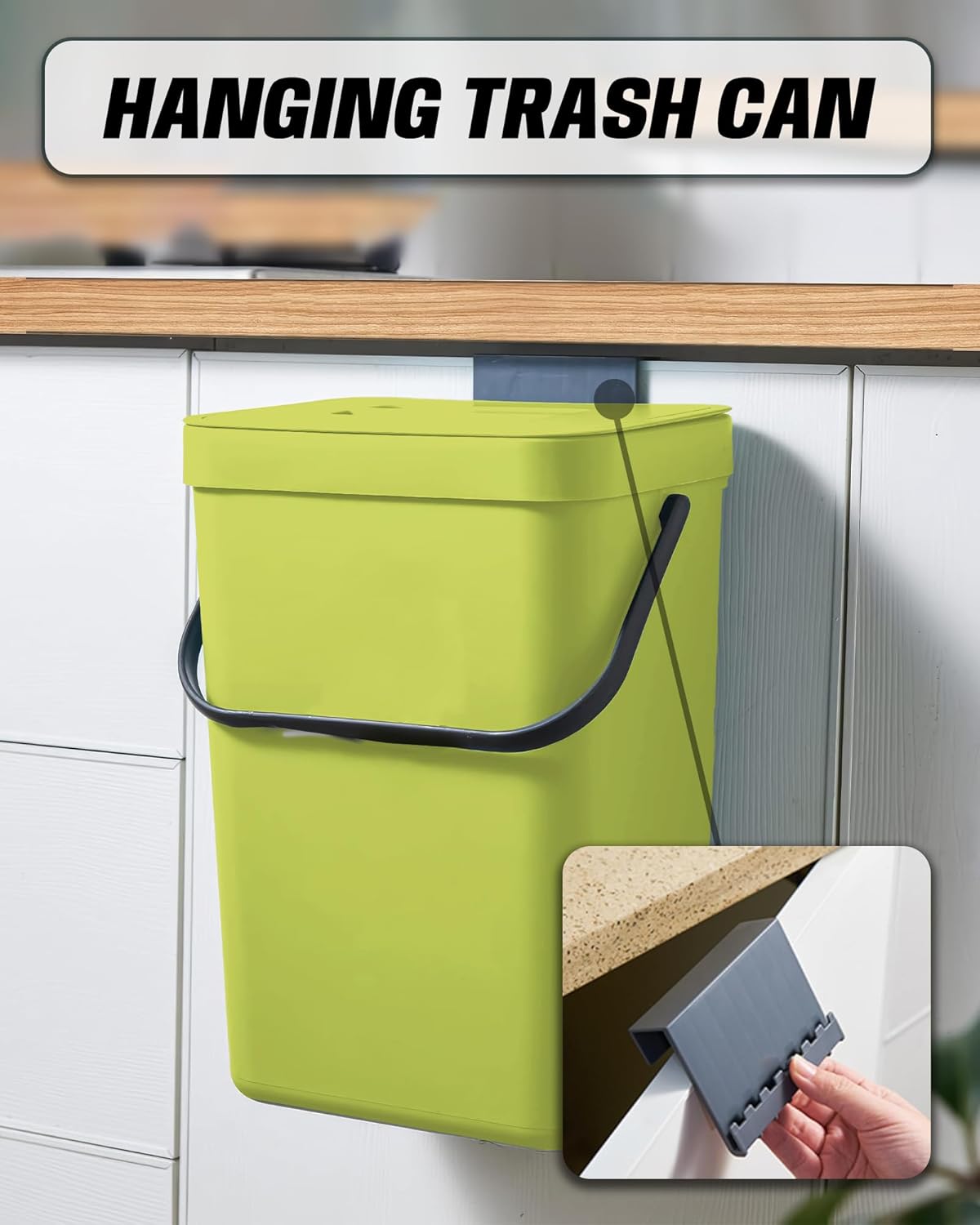 Kitchen Compost Bin - 3.2 Gallons Hanging Trash Can with Lid for Kitchen Bathroom, Under Sink Trash Can, Outdoor Compost Bucket with Lid, 12L(Lime Green)