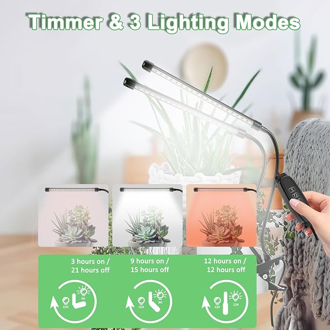 Grow Lights for Indoor Plants, 6000K Full Spectrum Plant Lights for Indoor Growing White Red Led, Clip On Grow Light Plant Lamp for Seeding,Dimmable &Auto on/Off Timmer (White, 2Head-2Packs)
