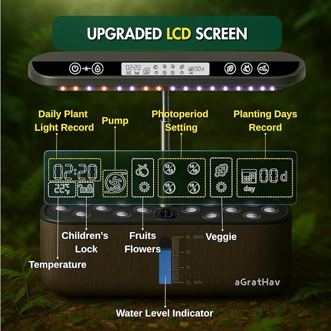 Hydroponics Growing System Kit, Indoor Herb Garden, 14 Pods Upgraded LCD Display, LED Grow Light Quiet Smart Water Pump Automatic Timer, Hydroponic Planter for Home Kitchen Office