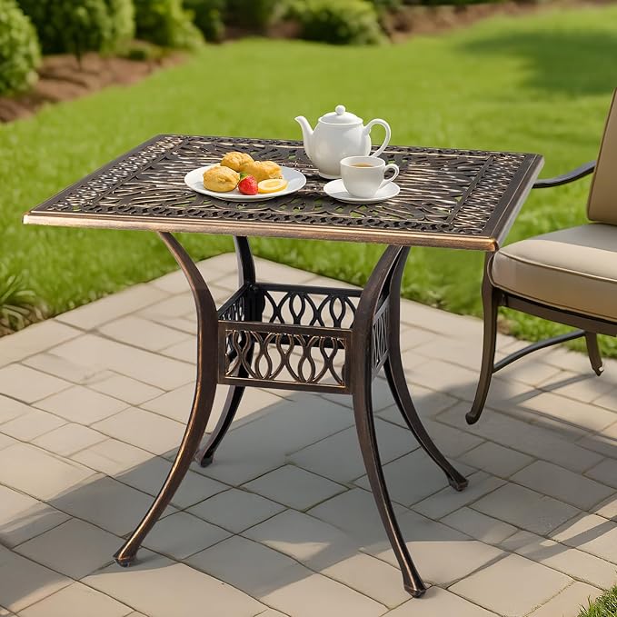 Outvita Patio Side Table, 35.4in Outdoor Square Cast Aluminum Bistro Table with Umbrella Hole and Antique Design for Backyard Porch Pool Balcony Deck Bronze