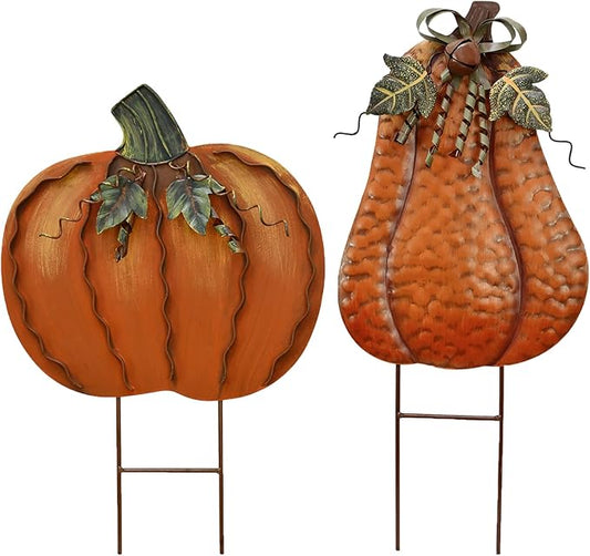 Metal Pumpkin Garden Stakes - Autumn Decorative Yard Signs - Indoor Outdoor Plant Flower Stake Fall Lawn Ornaments Pumpkin Decoration for Harvest Halloween (17.5"+20"-A)