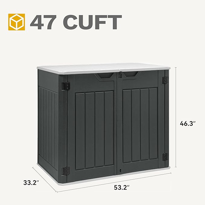 DWVO 47 cu ft Spacious Horizontal Storage Unit, Outdoor Resin Tool Locker Without Shelf, Waterproof Lockable Container with Base for Gardening, Waste Bins, Grass Cutter, 4.5x2.8x3.9 ft, Dark Gray