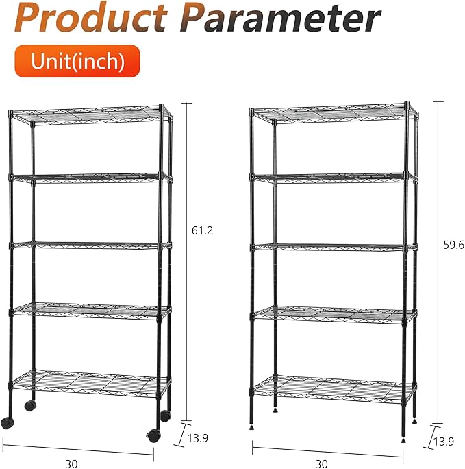 FDW Adjustable 5-Tier Metal Shelf with Wheels, 250 lbs Capacity, Easy Assembly, Ideal for Small Spaces
