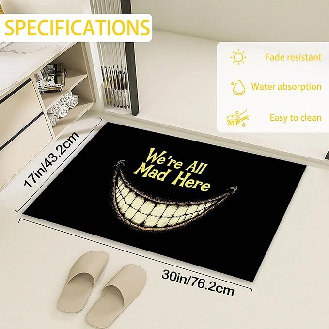 Gothic Smiling Mouth Welcome Mat Indoor,We're All Mad Here Front Door Mat,Non-Slip Entryway Rug, Low Profile Felt Indoor Doormat for Back Door Porch Patio Entrance,30 x 17 Inch