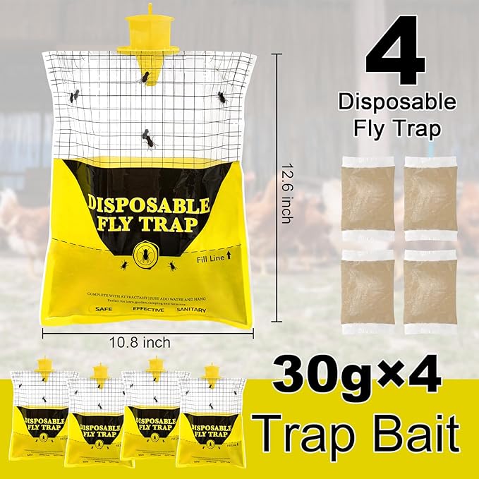 Glovv 10.8 * 12.6 Inch Fly Trap for Patio, Big Bags Outdoor Disposable 4 Pack, Hanging Fly Catcher with Bait, Hunter Stable Horse Ranch Control Repellent Killer for Barn, Farm, Mosquito, Bugs