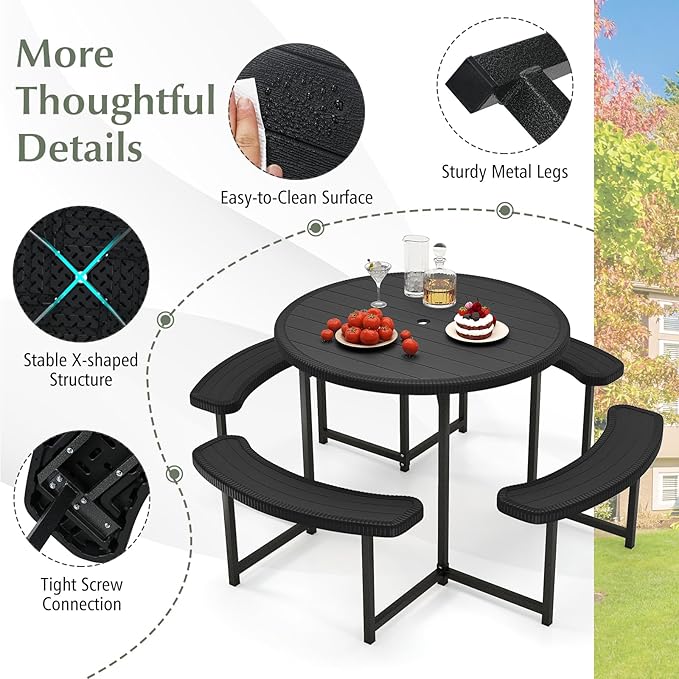 Giantex Picnic Table Bench Set for 4-8 Person, Round 37” Outdoor Dining Table w/Umbrella Hole, HDPE Tabletop, Metal Frame, Patio Furniture Set for Backyard Porch Lawn, 1400lb Capacity (Black,Round)