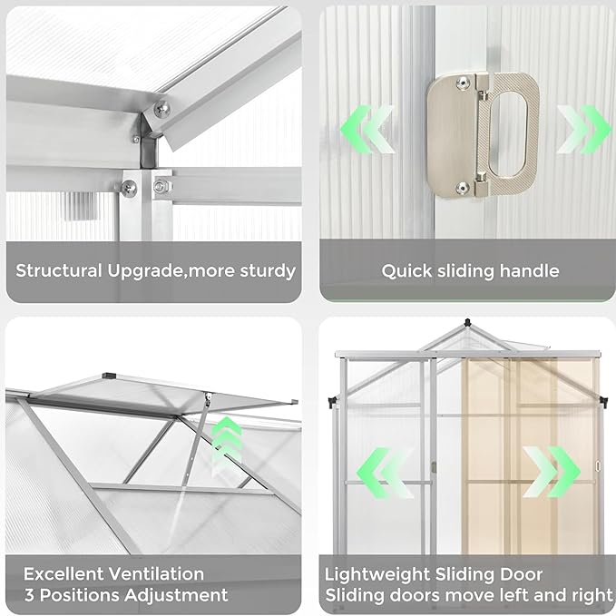Aluminum Greenhouse for Outdoors, 6 x 8 FT Polycarbonate Walk-in Greenhouse with Quick Setup Structure and Adjustable Roof Vent, Silver