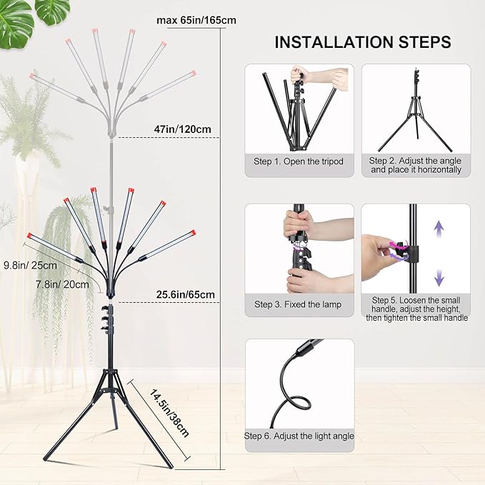 54 Watt Grow Lights for Indoor Plants with Stand, Standing Tall Plant Light with 4,8,12 Hr Timer, Full Spectrum Bonsai Tree Grow Light, 24"-64" Adjustable Tripod Stand Plant Growing Lamps