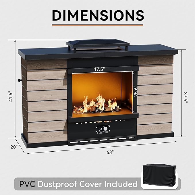 63" Outdoor Propane Fireplace with Built-in Tank Design, 50,000 BTU Outdoor Gas Fire Pit with CSA Certified, Dust Cover, Smokeless Ceramic Wood, Adjustable Flame for Patio, Garden, Deck