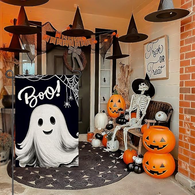 Halloween Ghost Garden Flags for Outside 12x18 Double Sided Burlap, Spooky Boo Sign Welcome Small Flag Farmhouse Holiday Yard Lawn Outdoor Decorations DF886