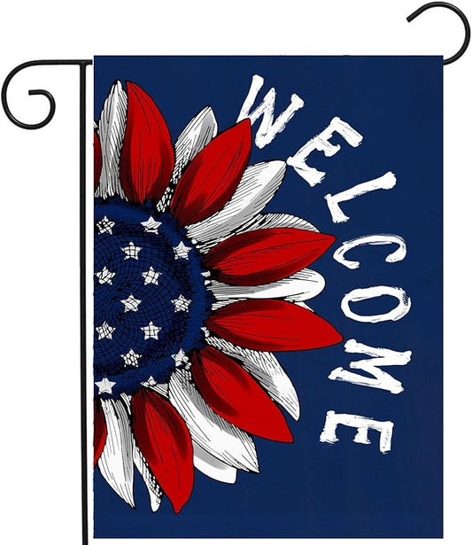 4th of July Sunflower Garden Flag Red White Blue Floral Yard Flags Small Memorial Independence Day Banner 12x18 Double Sided for Outside Outdoor Patriotic Decor