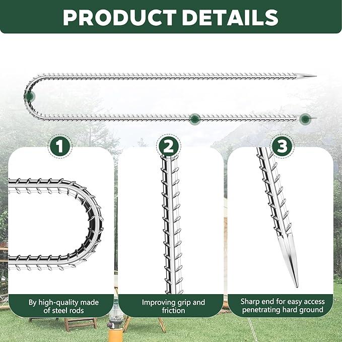 20 PCS Trampoline Stakes Anchors High Wind Heavy Duty,U Shaped Garden Hooks Stakes for Ground,Trampoline Tie Down Anchor Kit,Bounce Horseshoe House Stake,Rebar Camping Tent Stakes,16 Inch Long Silver