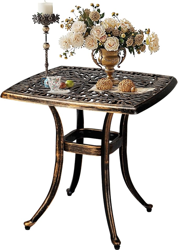 Outvita Patio Side Table, 21.3in Outdoor Square Cast Aluminum Bistro Table with Umbrella Hole and Antique Design for Backyard Porch Pool Balcony Deck Bronze