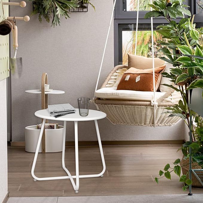 Babion White Round Patio Side Table, Small Accent End Table for Patio Yard Garden, Indoor & Outdoor