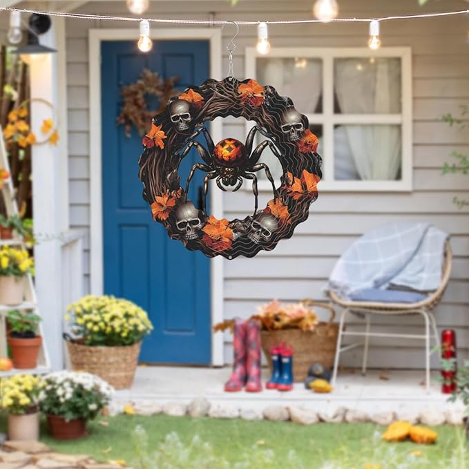 Spider Metal Wind Spinner 3D Hanging Halloween Wind Spinners Decor Skeleton Skull Metal Wind Spinner for All Saints' Day Party Yard Garden Outdoor Indoor Decor