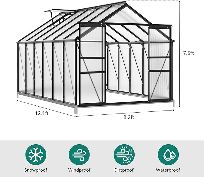 YITAHOME 10x8FT Polycarbonate Greenhouse Large Heavy Duty Green Houses Outdoor Aluminum Greenhouses with Sliding Doors Vent Window Walk-in Greenhouse for Garden Backyard, Black