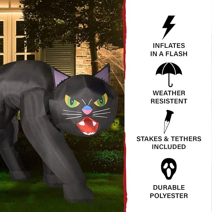 Haunted Hill Farm 9.8 Ft. Halloween Cat Blow Up with LED Lights, Giant Inflatable Yard Decor for Home, Haunted House, Black Cat with Spooky Green Eyes, Festive Outdoor Decorations for Patio and Yard