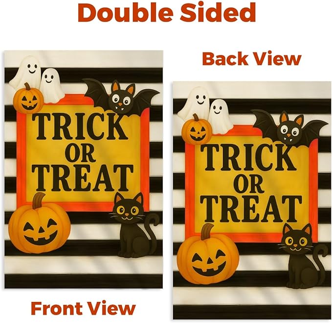 Halloween Garden Flag 12x18 Double Sided – Trick or Treat Yard Flag with Pumpkins, Ghosts, Bat, Cat – Fall Outdoor Burlap Halloween Flag for Garden or Lawn