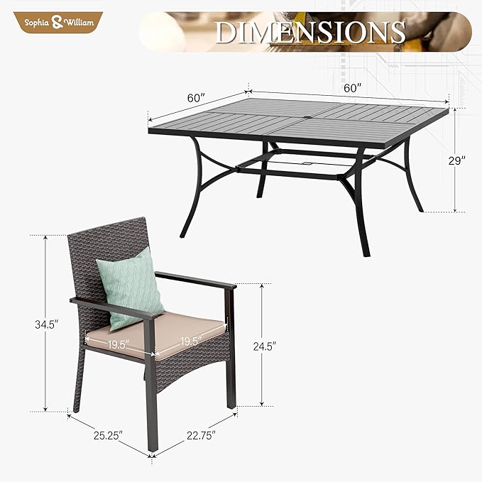 Sophia & William 9 Pieces Patio Dining Set for 8, All Weather Square Outdoor Table with Umbrella Hole, 8 Rattan Chairs with Cushions, Large Patio Table and Chairs Set for Outside, Black Tabletop