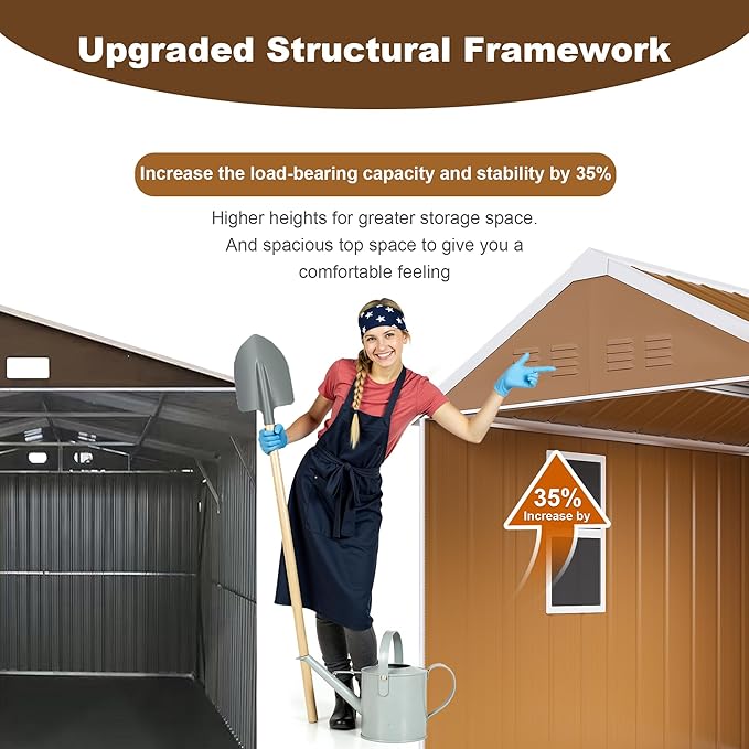 6x4 FT Outdoor Steel Storage Shed with Clear Windows, Sliding Lockable Door & Ventilation, Brown and White Weather-Resistant Metal Tool Shed for Garden, Backyard, Lawn, and Utility Storage