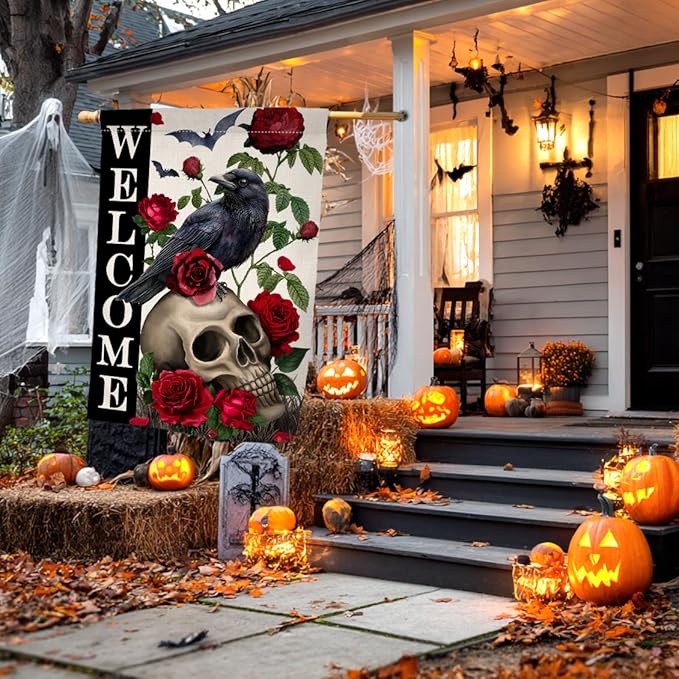 BLKWHT Halloween Skull Rose House Flag 28x40 Vertical Double Sided Black Crow Bat Welcome Fall Holiday Outside Decorations Burlap Yard Flag BW838-40