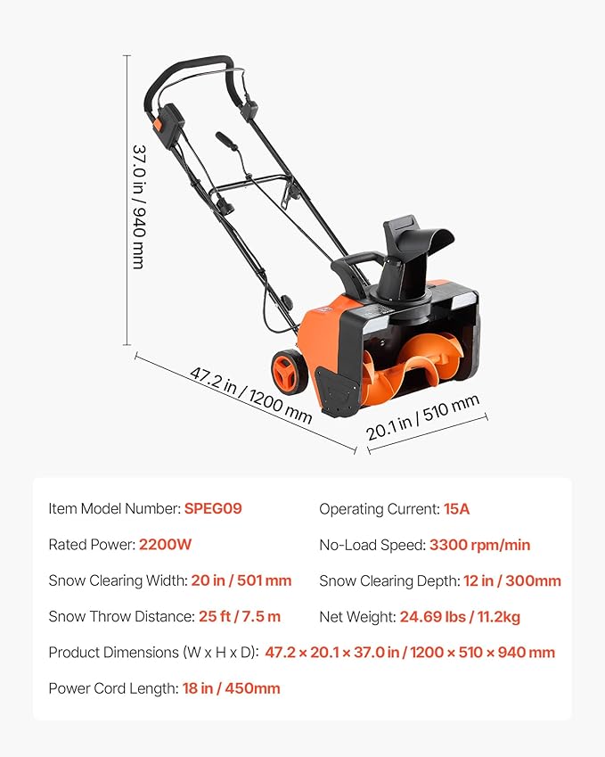 VEVOR Electric Snow Blower, 20 inch 15A Corded Snow Thrower with Dual LED Headlights & 180° Rotating Chute, 25FT Throwing Distance, 12" Depth Clearing, Walk-Behind Snowblower for Driveway Sidewalk