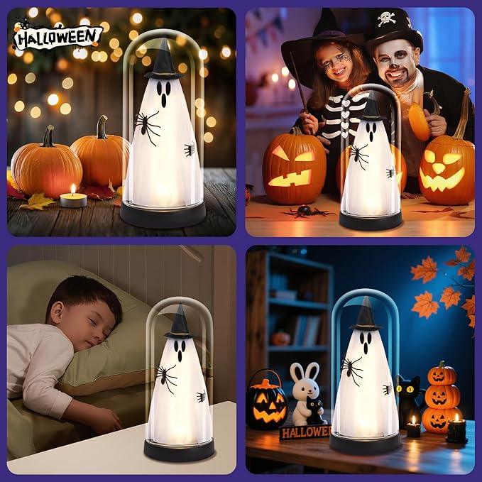 Halloween Decor-Halloween Decorations Indoor-Light Up Ghost in Glass Cloche-Cute Ghost with Light for Home Kitchen Mantel Tabletop Party Decor